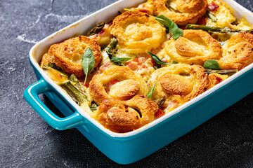 asparagus ham strata with sponge cake circles