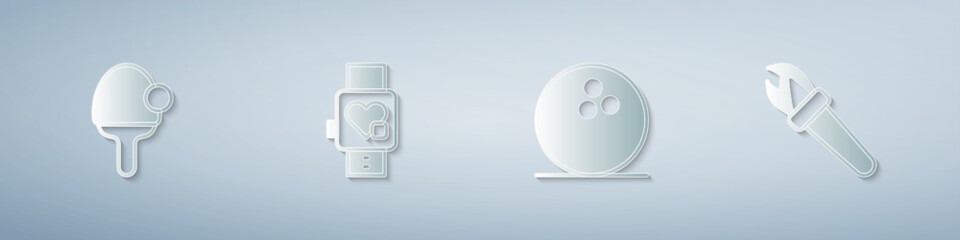 Set Racket, Smart watch with heart, Bowling ball and Torch flame. Paper art style. Vector