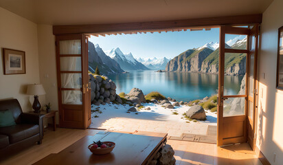 Photo of a cozy living room with natural light pouring in from a large window