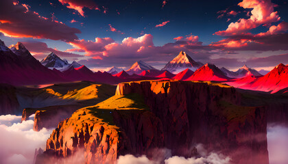 Cinematic Countryside landscape Lake Mountains Valleys design illustration. ai generated for children book, stories, illustration, fairytales,  social media, instagram, facebook banners, wall painting