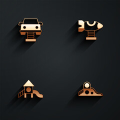 Set Swing car, plane, Slide playground and icon with long shadow. Vector