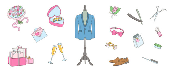 set  items needed for a groom to look his best in wedding day, color vector illustration
