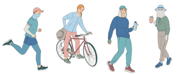 people protect themselves against the solar radiation and UV ultraviolet while exercising outdoors, woman on a bike, man and women walking, man jogging with protective clothes and hats