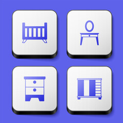 Set Baby crib cradle bed, Dressing table, Furniture nightstand and Wardrobe icon. White square button. Vector