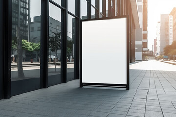 Billboard on the pedestrian street. Empty white space in a black frame.    Generative AI. 