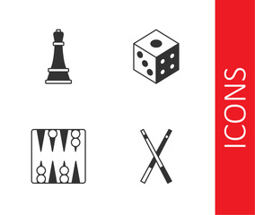 Set Crossed billiard cues, Chess, Backgammon board and Game dice icon. Vector