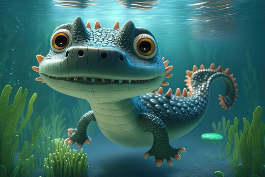 Cute Cartoon Aligator Underwater (Generative AI)