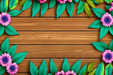 Light wooden background template with a green border of a decorative flowering plant top view. Wooden plank boards with old texture and leaves of a plant with pink and blue flowers