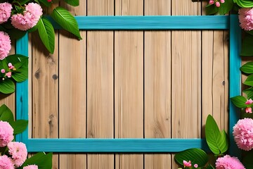 Light wooden background template with a green border of a decorative flowering plant top view. Wooden plank boards with old texture and leaves of a plant with pink and blue flowers