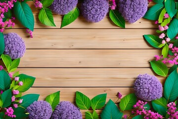 Light wooden background template with a green border of a decorative flowering plant top view. Wooden plank boards with old texture and leaves of a plant with pink and blue flowers