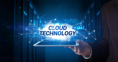 Person holding tablet, technology concept