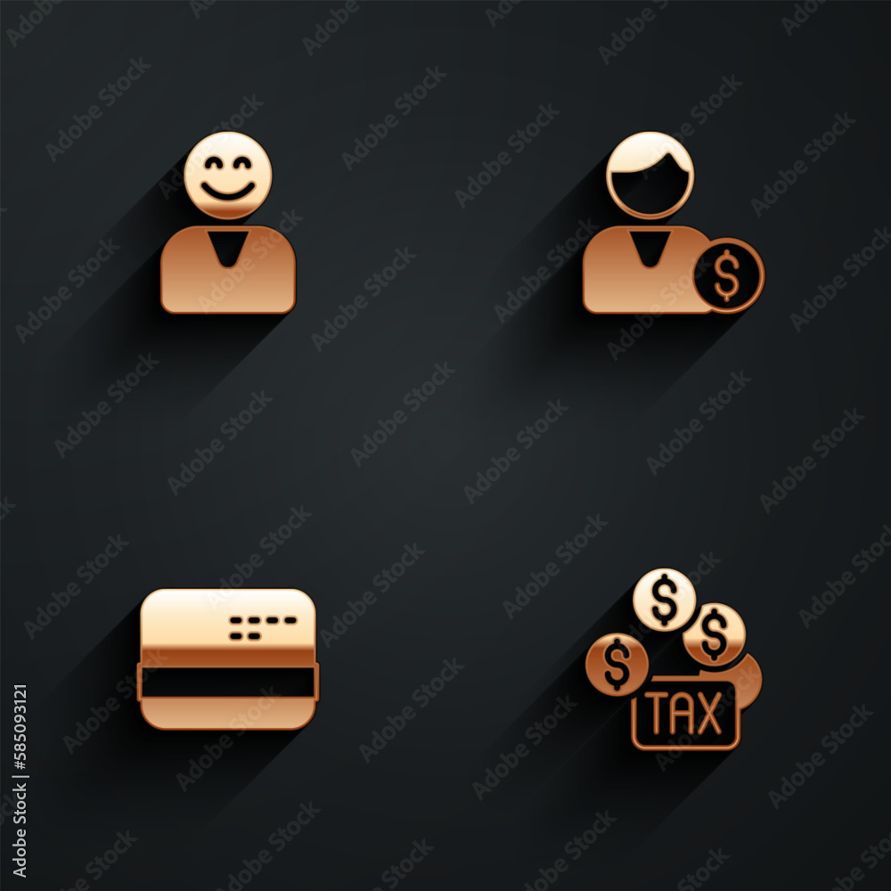 Poster Set Happy customer, Buyer, Credit card and Tax payment icon with long shadow. Vector