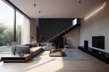 Minimalist living room with natural lighting and large windows with staircase IA