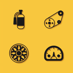 Set Fire extinguisher, Speedometer, Alloy wheel for car and Timing belt kit icon with long shadow. Vector