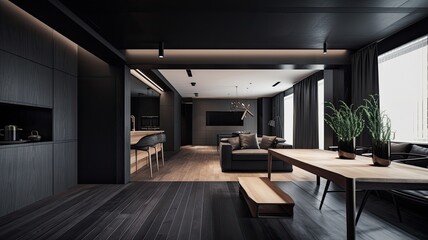 Fototapeta premium Modern living room by black wooden style, interior