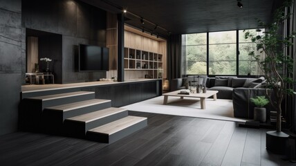 Fototapeta na wymiar Modern living room by black wooden style, interior