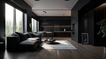 Naklejka na ściany i meble Modern living room by black wooden style, interior
