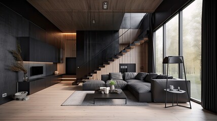Modern living room by black wooden style, interior