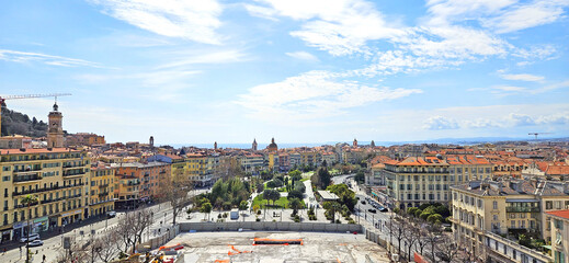 Panoramic view of the city of Nice, France in part of its historical buildings in the central part. Côte d'Azur - French Riviera