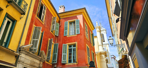 View of buildings and architecture, walls and windows  architecture in Nice in the south of France. Old city Cote d'Azur, France on the French Riviera.