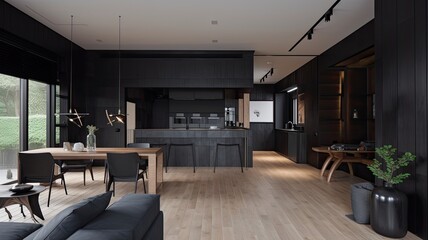 Modern living room by black wooden style, interior