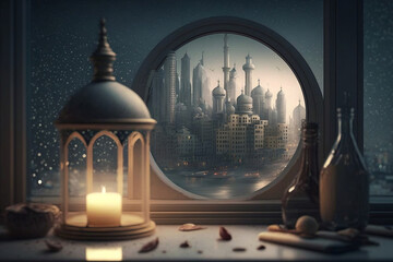 Obraz premium A lantern hanging from a street in a city Islamic background, generative ai