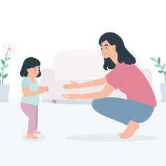 Mother teaching child to walk.