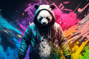 Fototapeta premium Panda in a scratchy hoody surrounded by a vivid color bomb explosion background, ultra-realistic rendering, ideal for colorful wall art, home décor, and gifts for animal lovers. Generative AI