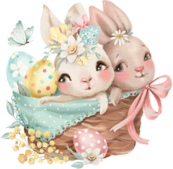 Cute Easter illustration of bunnies in easter basket - 585093911
