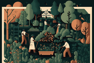 Garden and gardening. illustration of people working in the garden, beds, growing plants, greenhouses for a poster, cover or background (ai generated)