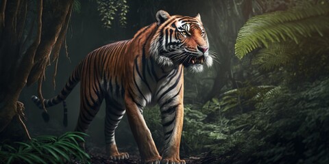 Fototapeta na wymiar A beautiful photography of a tiger in a jungle with Generative AI technology