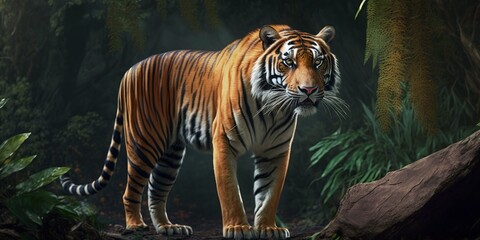 Fototapeta na wymiar A beautiful photography of a tiger in a jungle with Generative AI technology