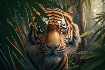 Naklejka na ściany i meble A beautiful photography of a tiger in a jungle with Generative AI technology
