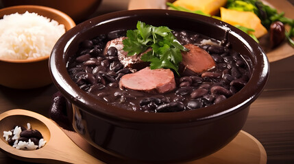 Brazilian traditional feijoada with black beans, pork, rice, cassava and orange. top view over wooden table. generative ai