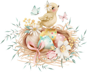 Cute Easter illustration of eggs and little bird - 585094363