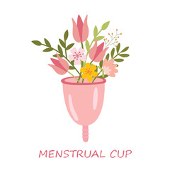 Menstrual cup with flowers. Eco protection for woman in critical days. Vector illustration on the theme of menstruation, feminine hygiene products