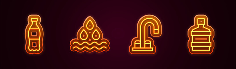 Set line Bottle of water, Water drop, tap and Big bottle with clean. Glowing neon icon. Vector