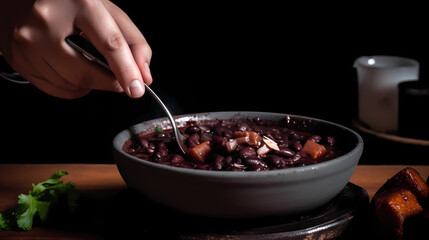 giving a spoonful of feijoada. traditional Brazilian food with black beans, rice, and pork. generative ai