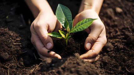 hand holding plant with copy space. concept of preserving and caring for nature. generative ai