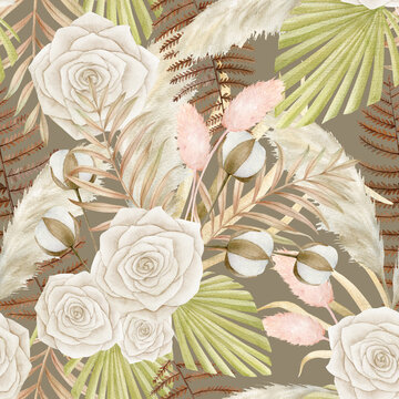 Watercolor tropical clipart with leaves, White Rose flower, dry flora, pampas grass, cotton. Hand painted watercolor Exotic jungle set .