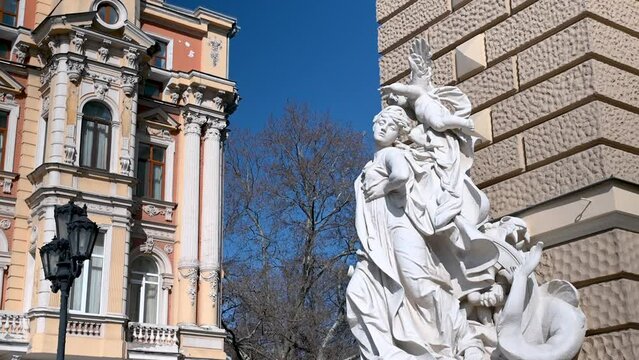 Sculpture at the entrance to the Odessa Opera and Ballet Theater in Ukraine