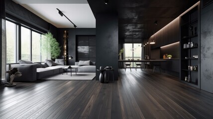 Obraz na płótnie Canvas Modern black living room by wooden, luxury interior to dazzle everyone