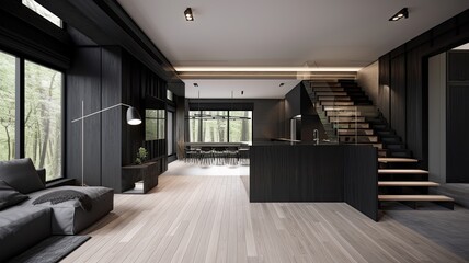 Fototapeta na wymiar Modern black living room by wooden, luxury interior to dazzle everyone