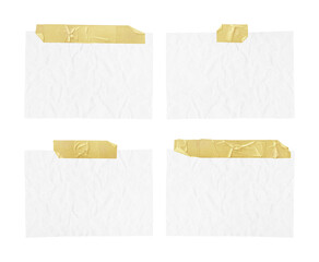 White ripped crumpled paper strips collection. Realistic paper scraps with adhesive tape on transparent background. Sticky notes
