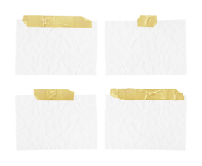 White ripped crumpled paper strips collection. Realistic paper scraps with adhesive tape on transparent background. Sticky notes
