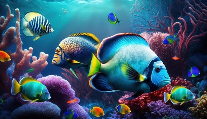 Obraz na płótnie Canvas Animals of the underwater sea world. Ecosystem. Colorful tropical fish. Life in the coral reef. (ai generated)