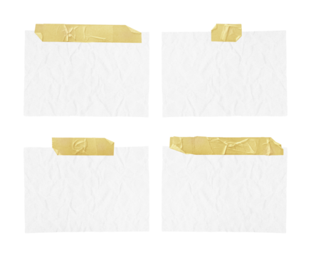 White ripped crumpled paper strips collection. Realistic paper scraps with adhesive tape on transparent background. Sticky notes