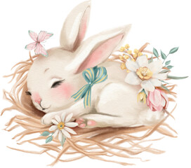 Cute woodland, forest animal illustration. Sleeping bunny in the nest with flowers.