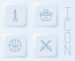 Set line Dart arrow, Stadium, Basketball ball and Fencing. White square button. Vector