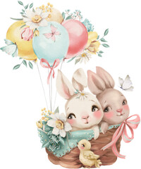 Cute woodland, forest animal illustration. Adorable bunnies in the basket with balloons. - 585095929